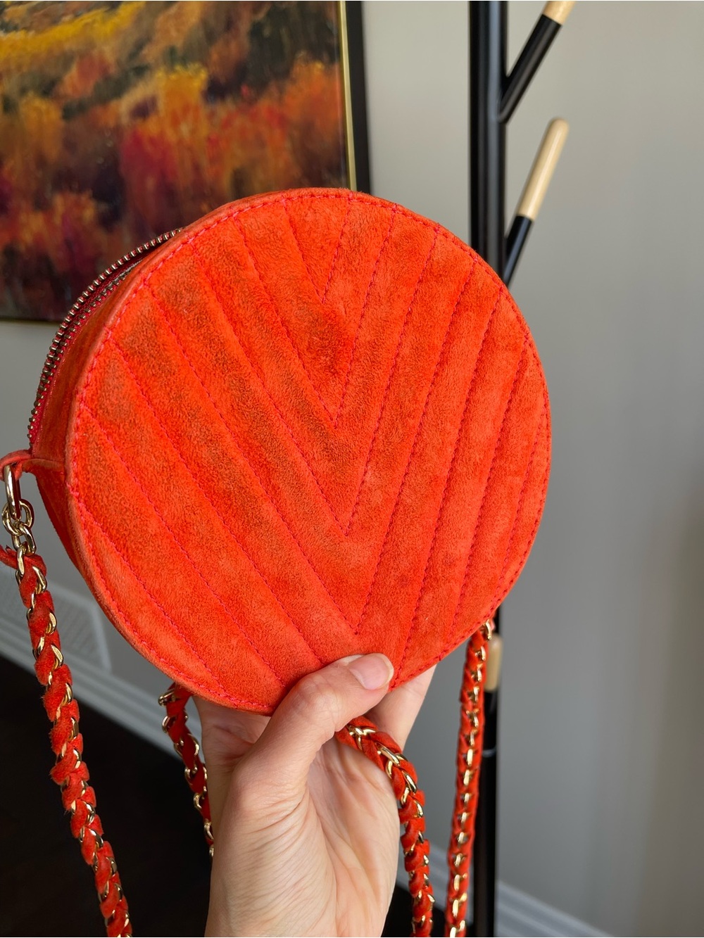 BCBG MaxAzria Orange Faux Suede Quilted Chevron Round Crossbody - Picture 13 of 16